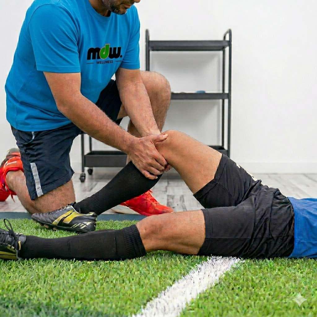 MDW therapist examining a footballer's knee on a sports field.