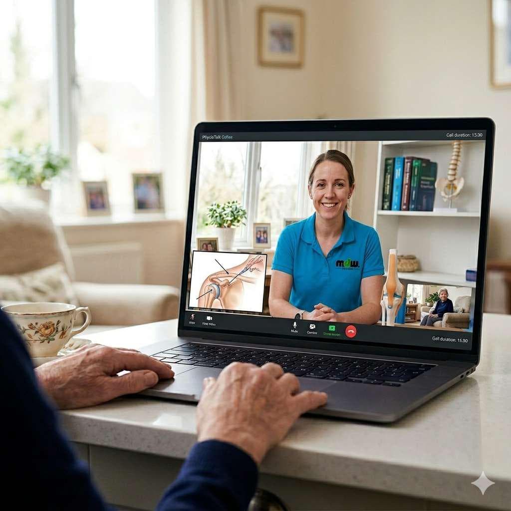 MDW Wellness physiotherapist on a video consultation, shown on a laptop in a home setting.