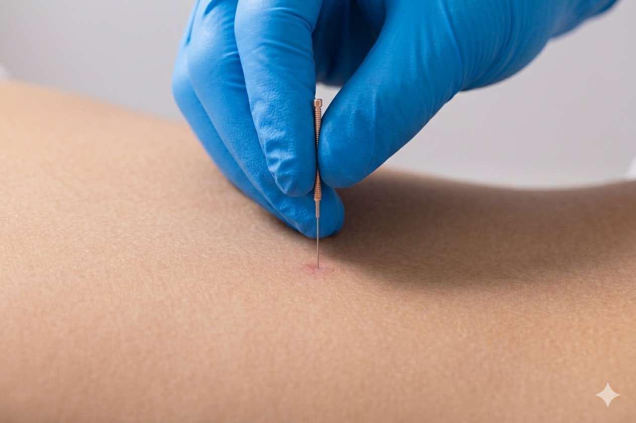 Closeup of dry needling, a single fine needle held by a gloved practitioner.
