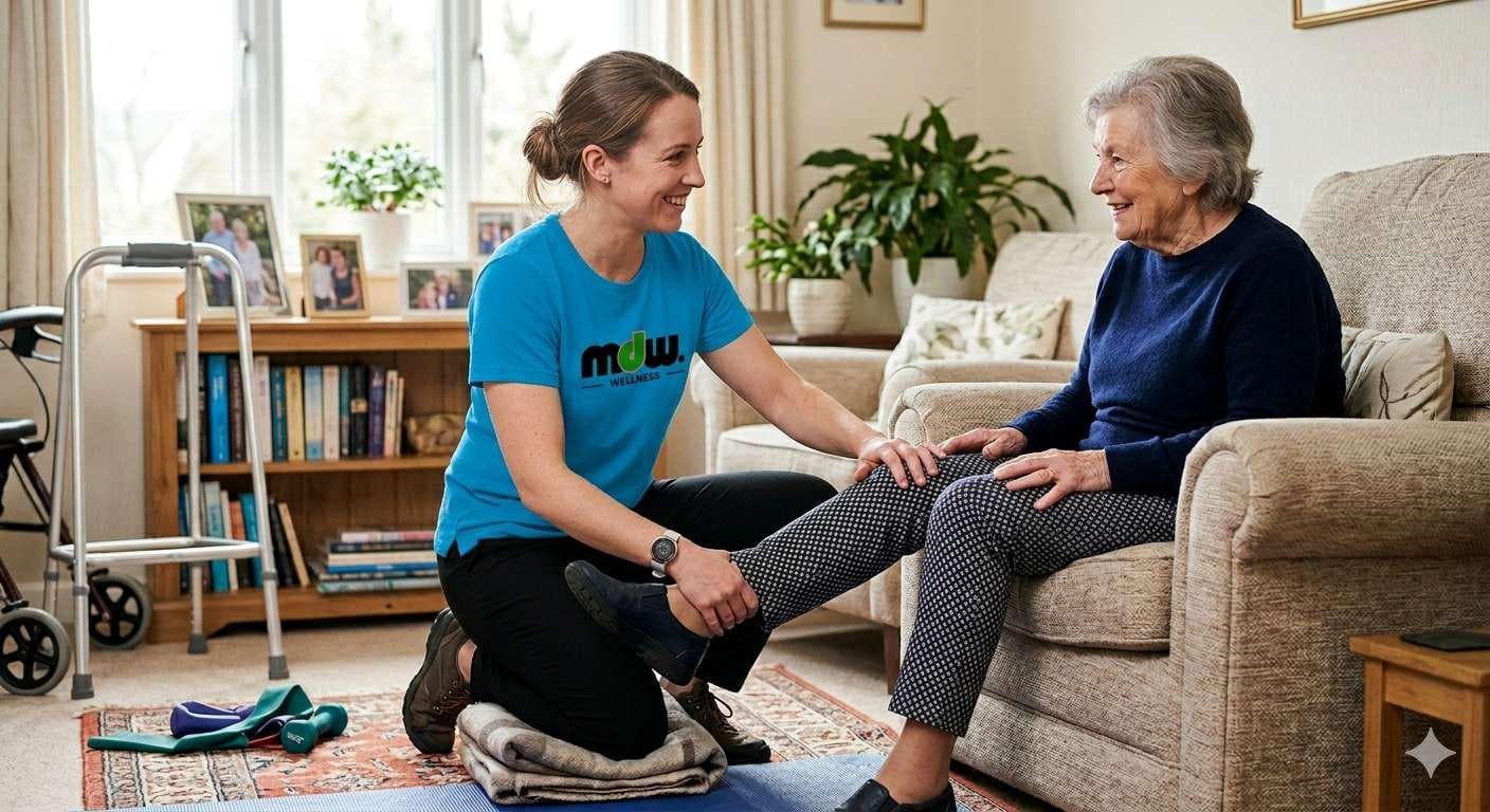 MDW Wellness therapist assisting an elderly client with knee mobility exercises in her living room.