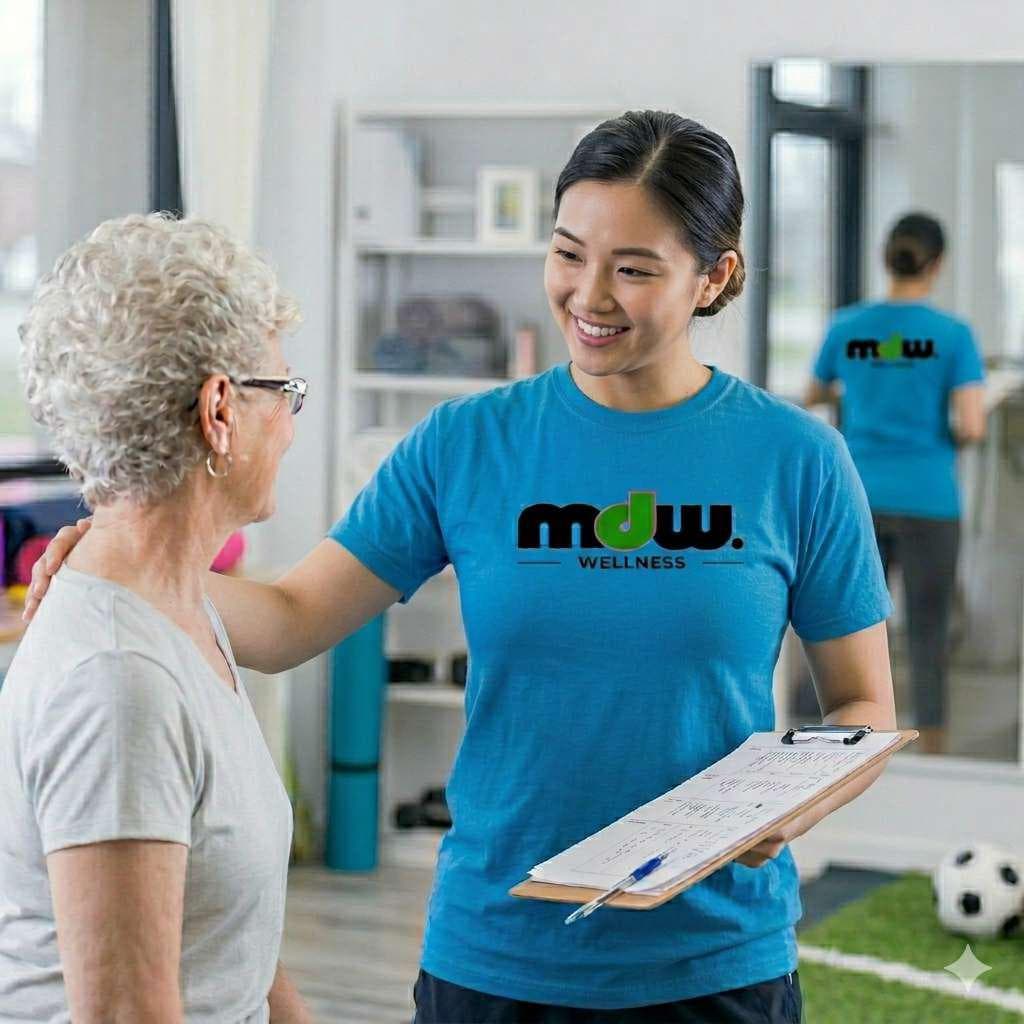 MDW Wellness therapist with a clipboard during a vitals assessment with an elderly client.